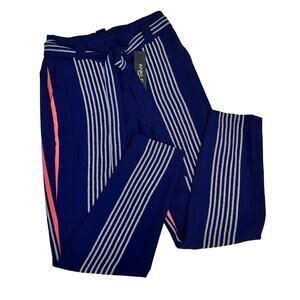 Express High Rise Ankle Pants sz 2 Regular Navy Blue White Coral Striped Career